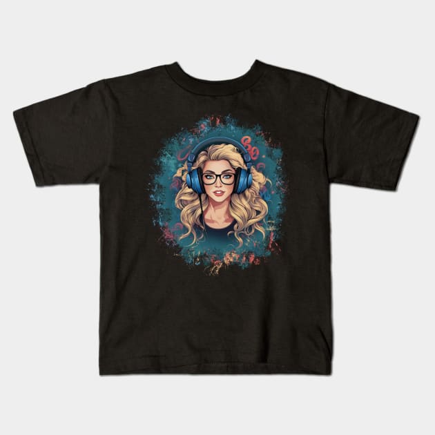 Illustration - Stylish Blonde Lady Immersed in Music, Enjoying the Beats with Headphones in a Chic Design Setting. Kids T-Shirt by Art KateDav